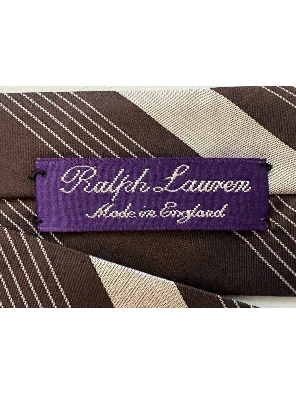Ralph Lauren Purple Label Silk Necktie Brown Silver Striped England Hand Made